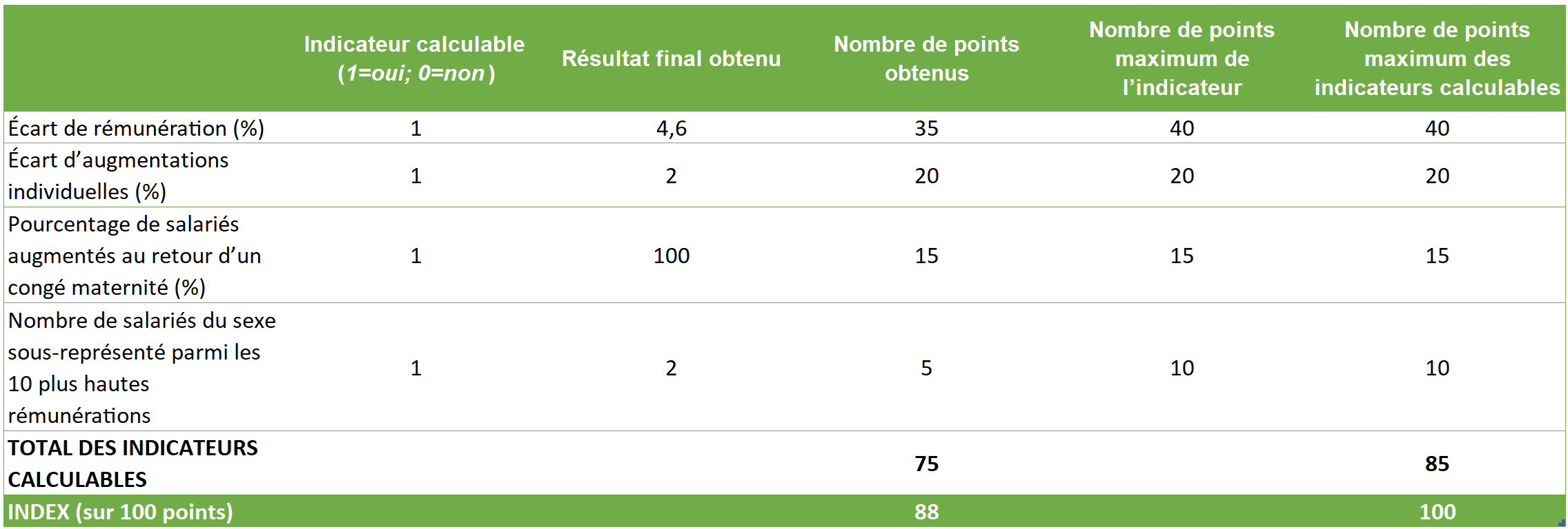 Tableau de l’Index de l’égalité professionnelle femmes-hommes. Quatre indicateurs sont calculables : écart de rémunération (4,6 % pour 35 points sur 40), écart d’augmentations individuelles (2 % pour 20 points sur 20), pourcentage de salariées augmentées au retour de congé maternité (100 % pour 15 points sur 15), et représentation équilibrée parmi les 10 plus hautes rémunérations (2 personnes pour 5 points sur 10). Total des points obtenus : 88 sur 100.